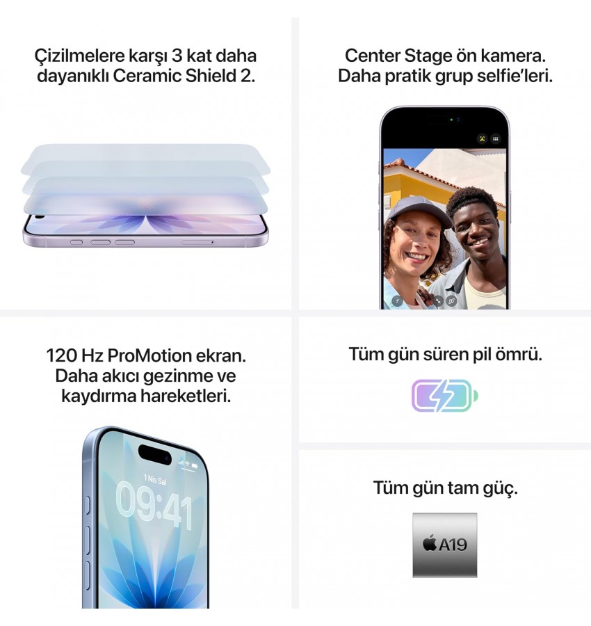 Apple iPhone 17 256 GB: ProMotion teknolojisine sahip 6.3 inç ekran, A19 Çip, Daha Pratik Grup Selfie’leri İçin Yeni Center Stage Ön Kamera, Çizilmelere Karşı Daha Dayanıklı; Lavanta